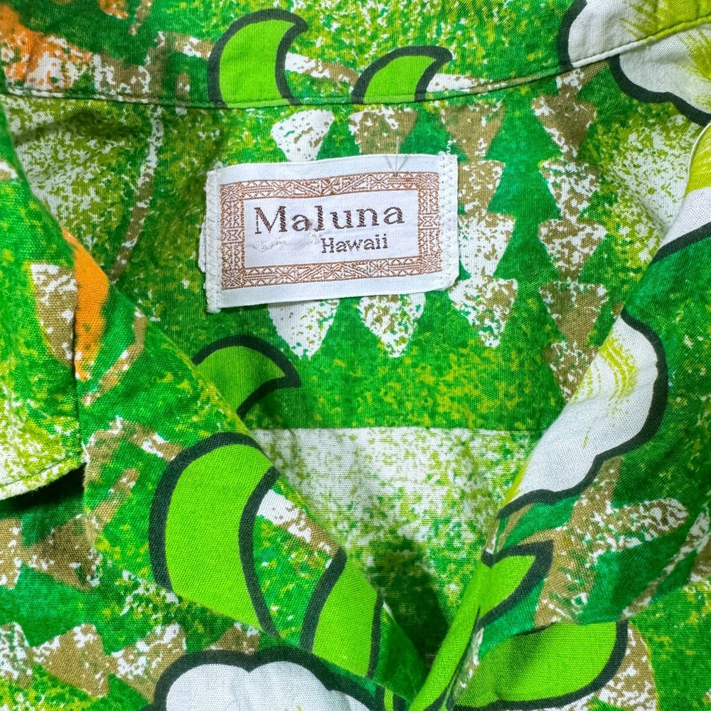 Maluna Hawaii Mens Green Cotton Vintage Hibiscus Aloha Shirt - Picture 7 of 8